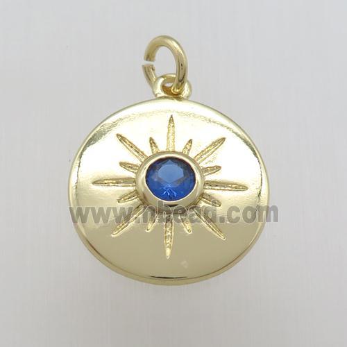 copper circle pendant paved zircon, eye, gold plated