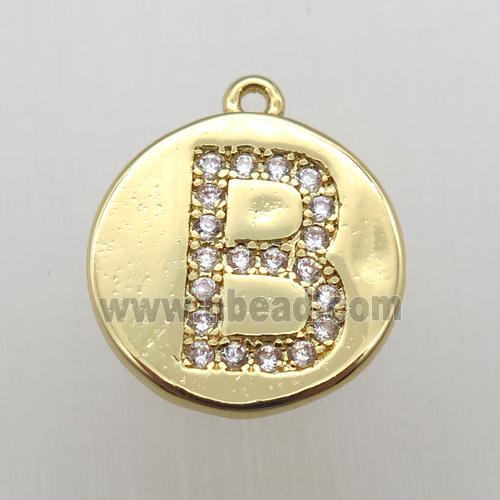 copper letter-B pendant pave zircon, gold plated