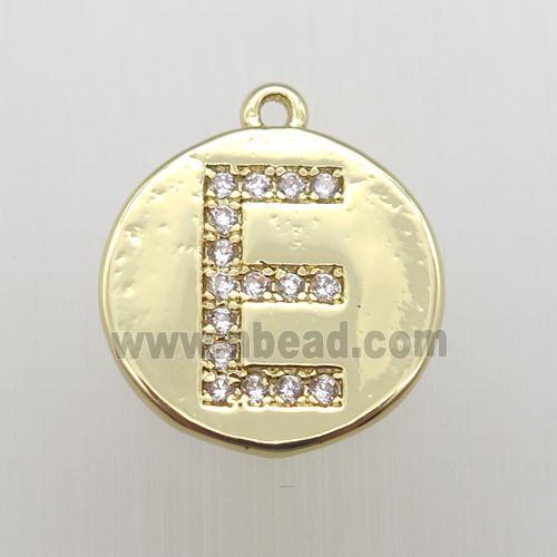 copper letter-E pendant pave zircon, gold plated