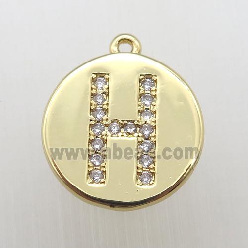 copper letter-H pendant pave zircon, gold plated