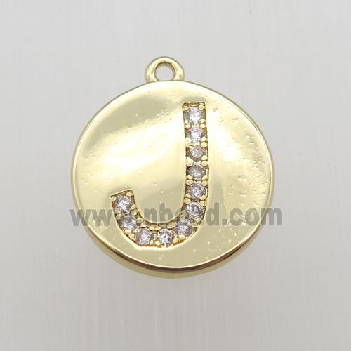 copper letter-J pendant pave zircon, gold plated