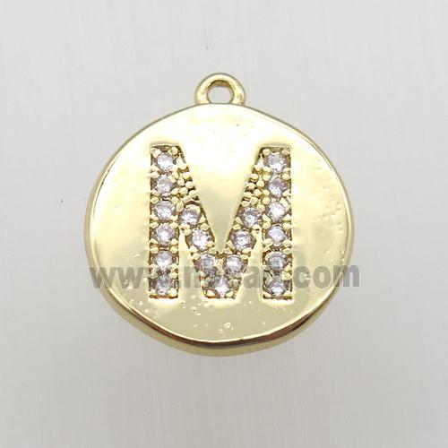 copper letter-M pendant pave zircon, gold plated