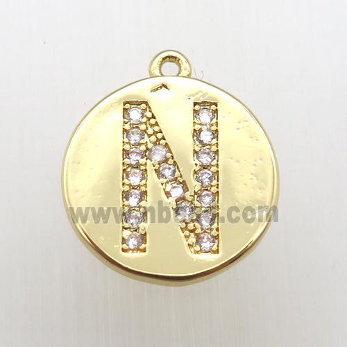 copper letter-N pendant pave zircon, gold plated