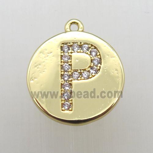 copper letter-P pendant pave zircon, gold plated