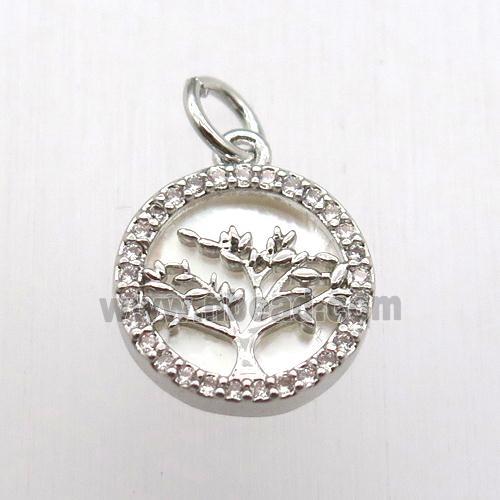 copper pendant pave zircon, tree of life, platinum plated