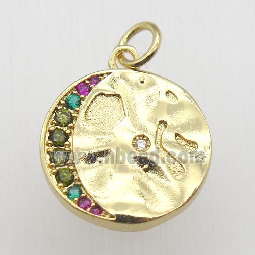 copper circle moon pendant pave zircon, gold plated