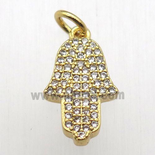 copper hamsahand pendant pave zircon, gold plated