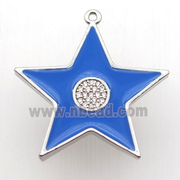 copper star pendant paved zircon, blue enameling, platinum plated