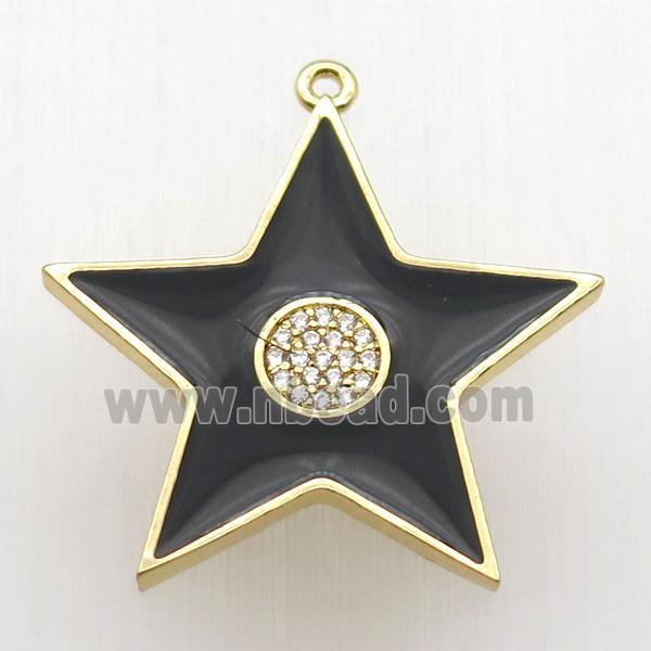 copper star pendant paved zircon, black enameling, gold plated