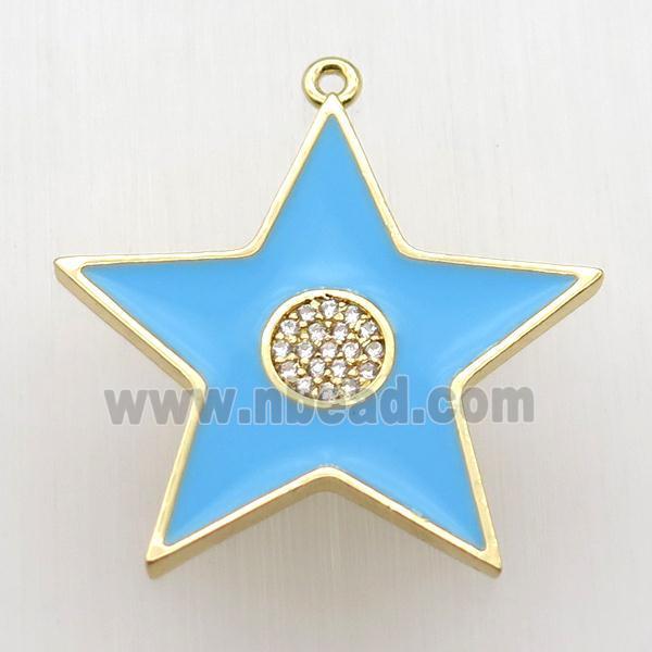 copper star pendant paved zircon, blue enameling, gold plated