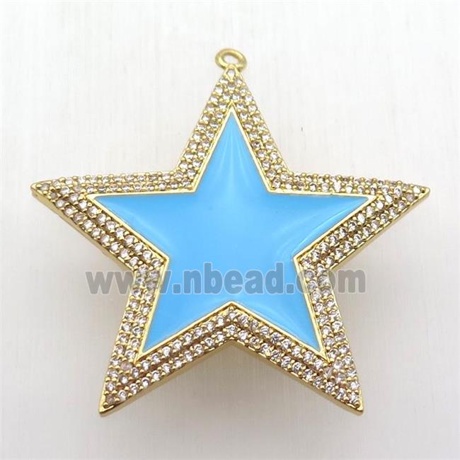 copper star pendant paved zircon, blue enameling, gold plated