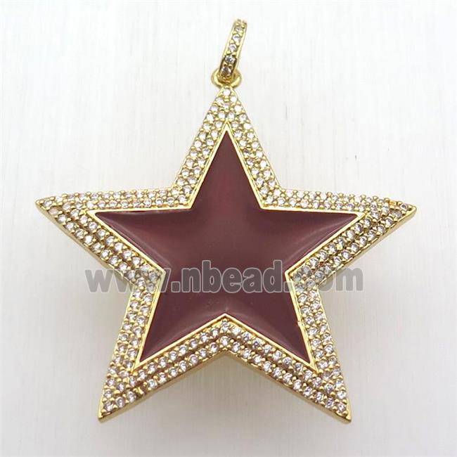 copper star pendant paved zircon, red enameling, gold plated