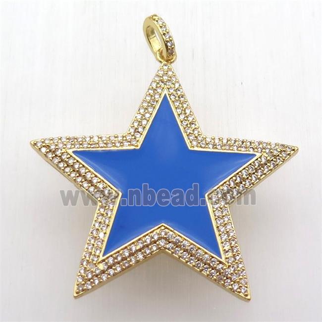 copper star pendant paved zircon, blue enameling, gold plated