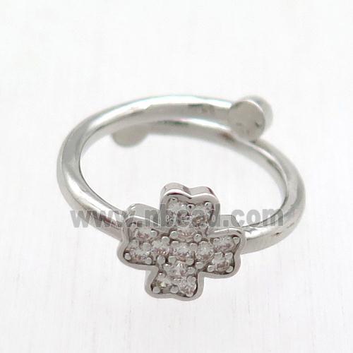 copper Ring paved zircon, resizable, cross, platinum plated