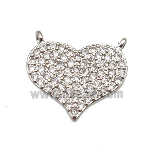 copper heart pendant paved zircon with 2loops, platinum plated