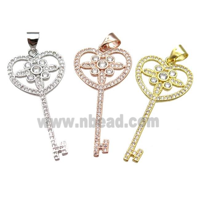 copper Key charm pendant pave zircon, mixed color