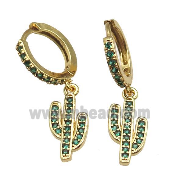 copper huggie hoop Earring paved zircon, cactus, gold plated