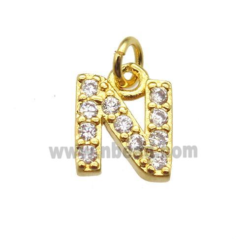 copper letter-N pendant paved zircon, gold plated