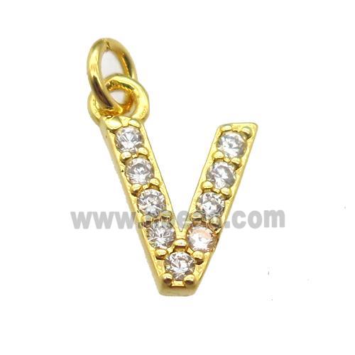 copper letter-V pendant paved zircon, gold plated