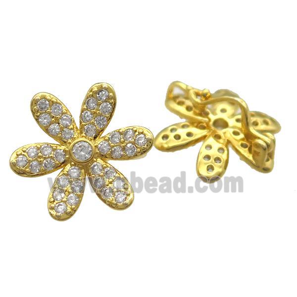 copper flower beads paved zircon, gold plated