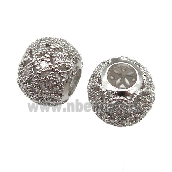 European Style copper round beads paved zircon, platinum plated