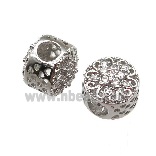 European Style copper rondelle beads paved zircon, platinum plated