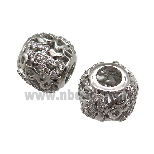 European Style copper round beads paved zircon, platinum plated