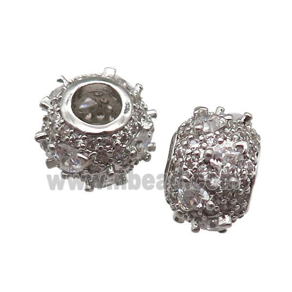 European Style copper rondelle beads paved zircon, platinum plated