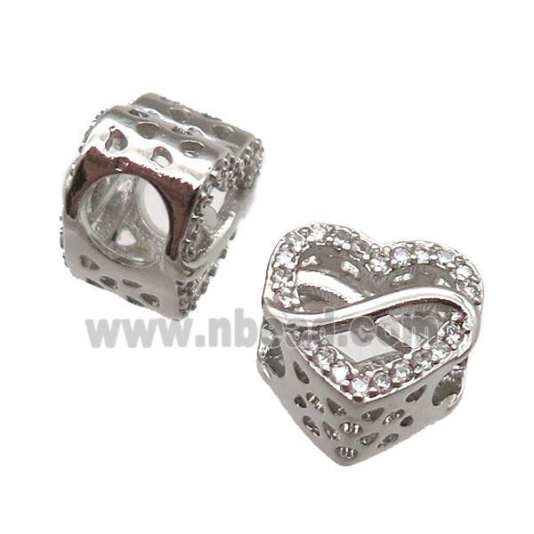 European Style copper heart beads paved zircon, platinum plated