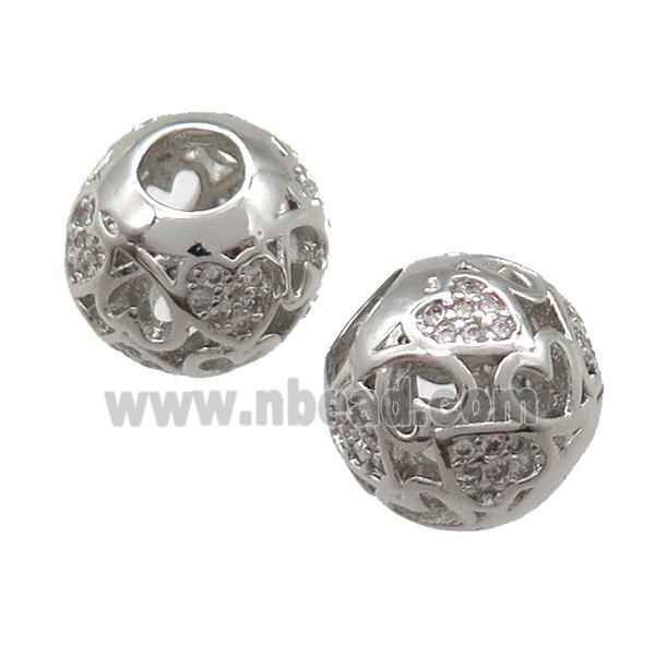 European Style copper round beads paved zircon, platinum plated