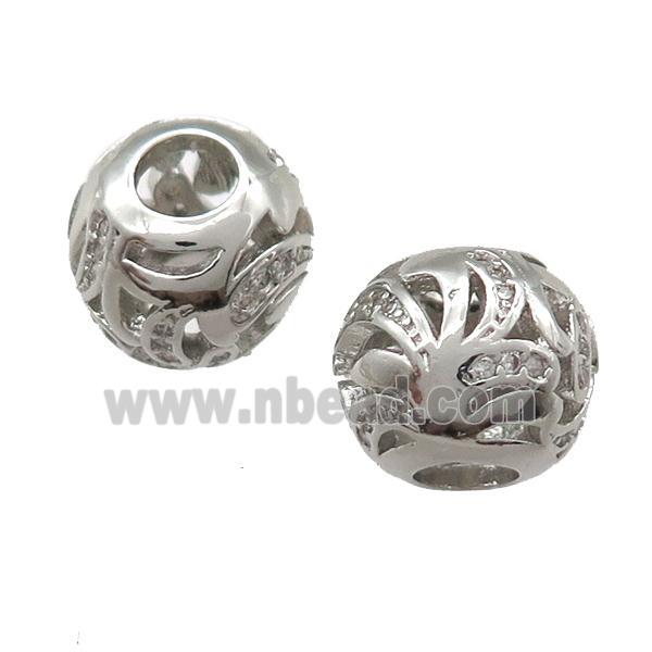 European Style copper round beads paved zircon, platinum plated