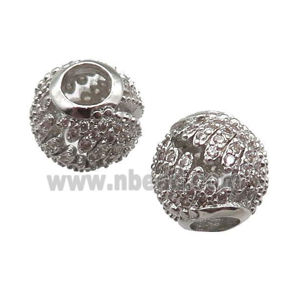 European Style copper round beads paved zircon, platinum plated