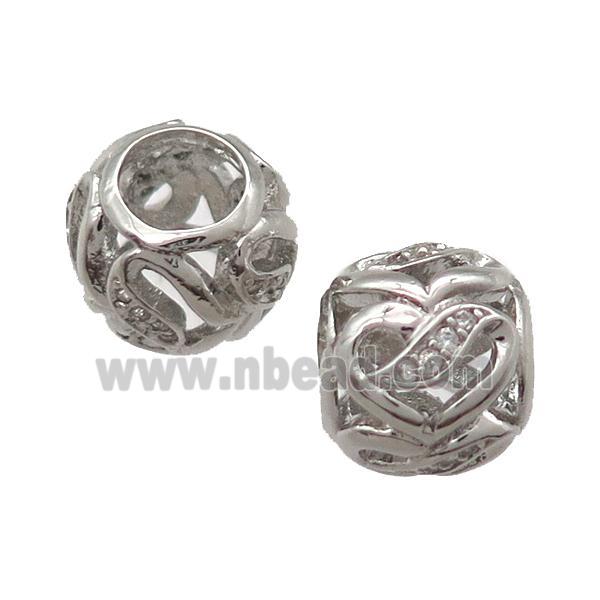 European Style copper round beads paved zircon, platinum plated