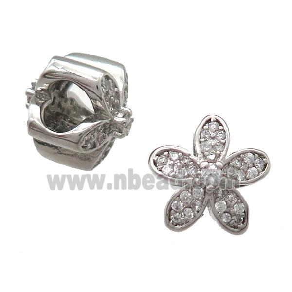 European Style copper flower beads paved zircon, platinum plated