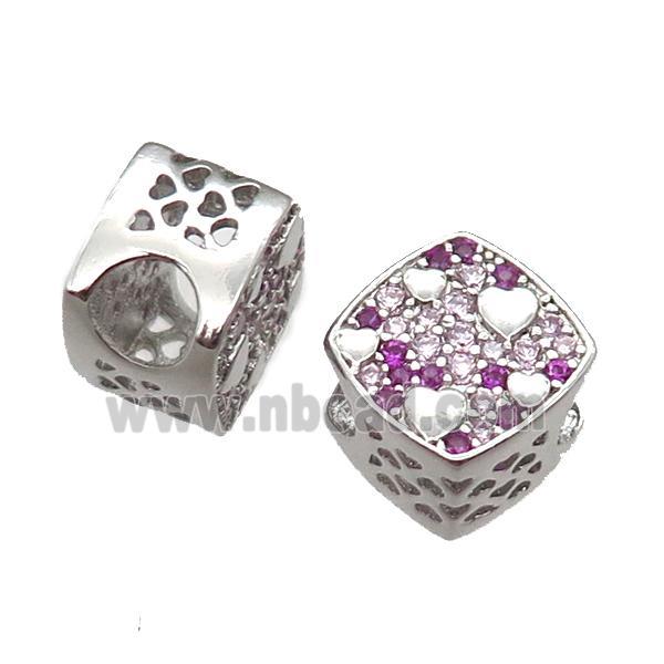 European Style copper square beads paved zircon, platinum plated