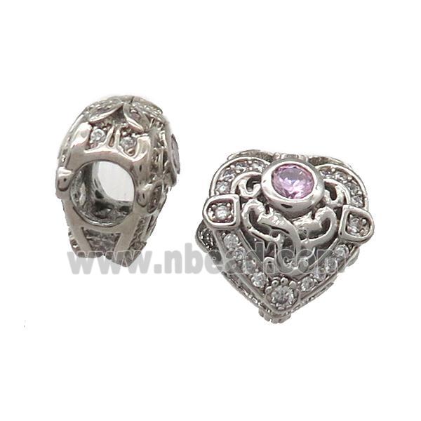 European Style copper heart beads paved zircon, platinum plated