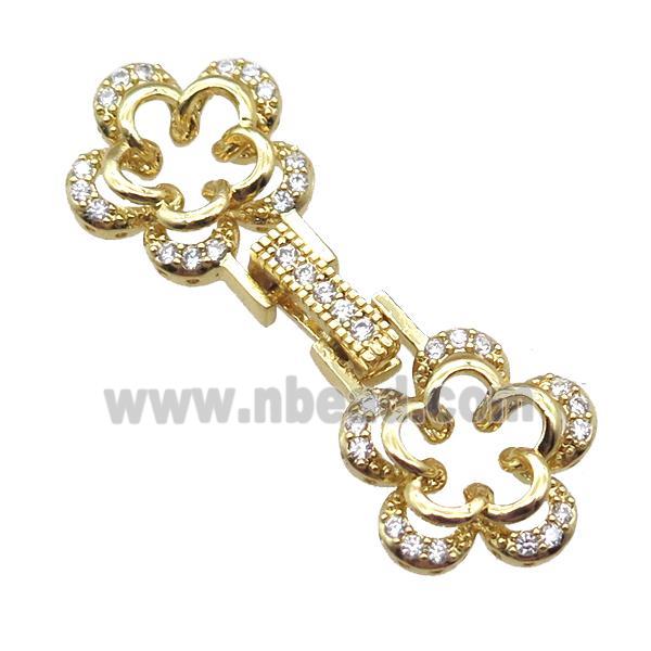 copper connector clasp paved zircon, flower, gold plated