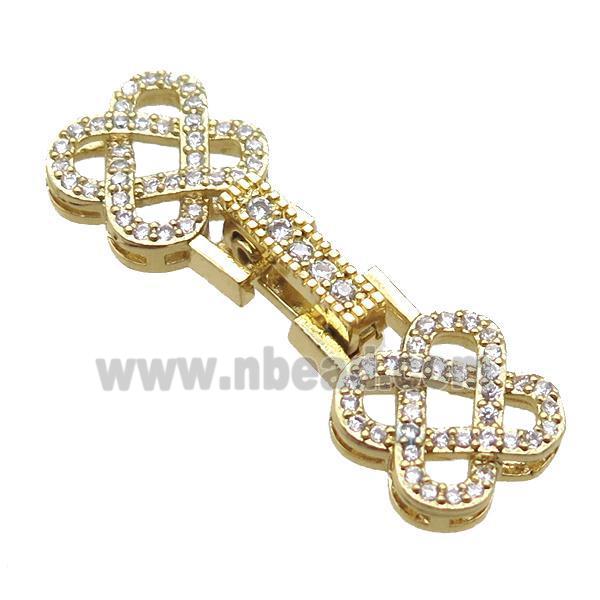 copper connector clasp paved zircon, knot, gold plated