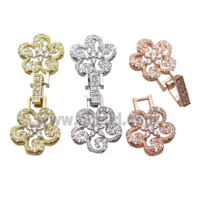 copper connector clasp paved zircon, flower, mixed color