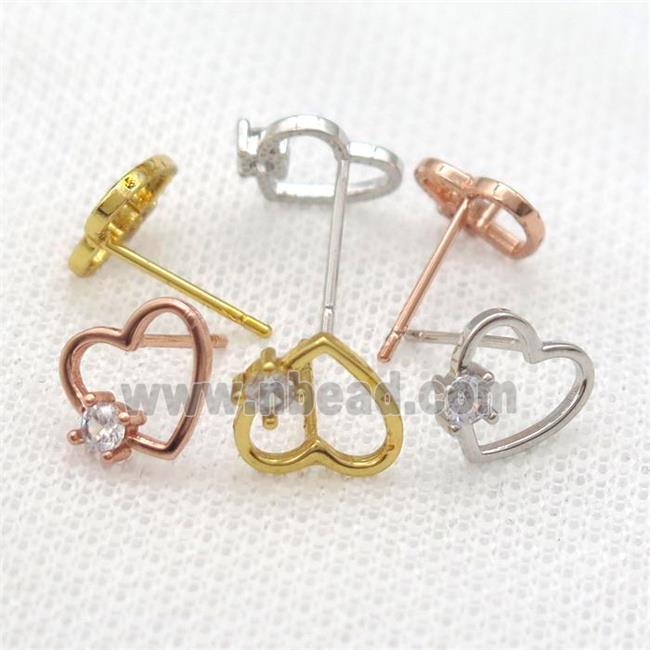 copper Stud Earrings paved zircon, heart, mixed color