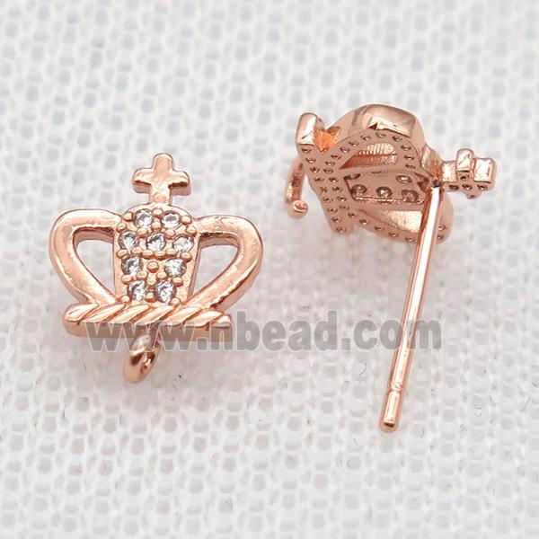 copper Stud Earrings paved zircon, crown, rose gold