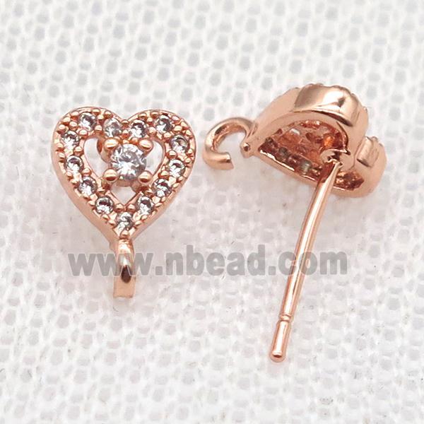 copper Stud Earrings paved zircon, heart, rose gold