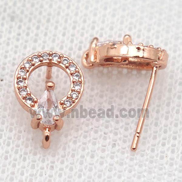 copper Stud Earrings paved zircon, circle, rose gold