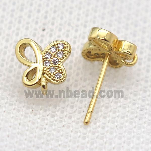 copper Stud Earrings paved zircon, butterfly, gold plated