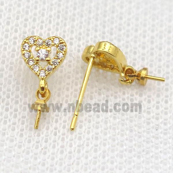 copper Stud Earrings paved zircon, heart, gold plated