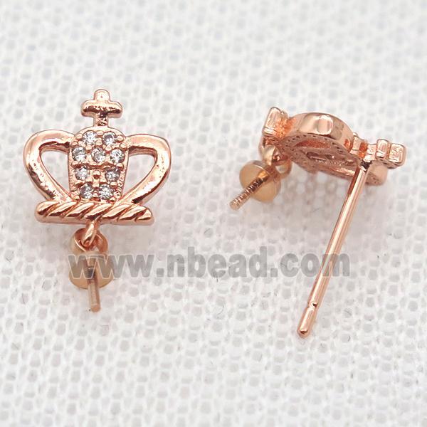 copper Stud Earrings paved zircon, crown, rose gold