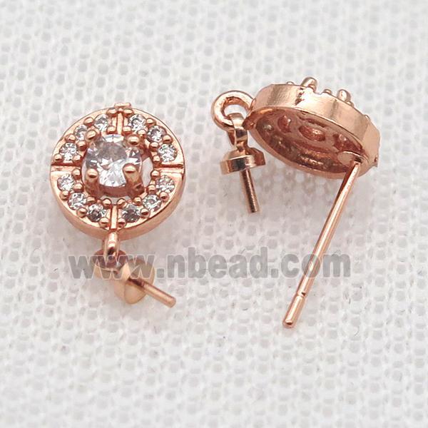 copper Stud Earrings paved zircon, circle, rose gold