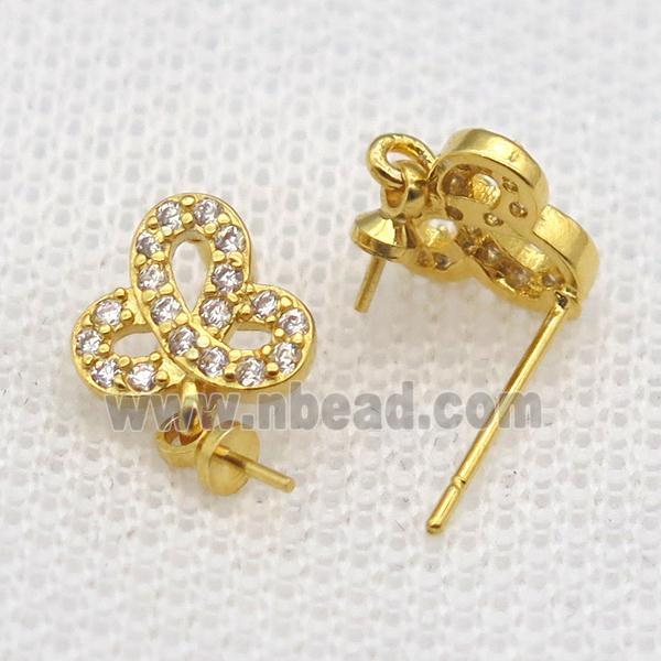 copper Stud Earrings paved zircon, clover, gold plated