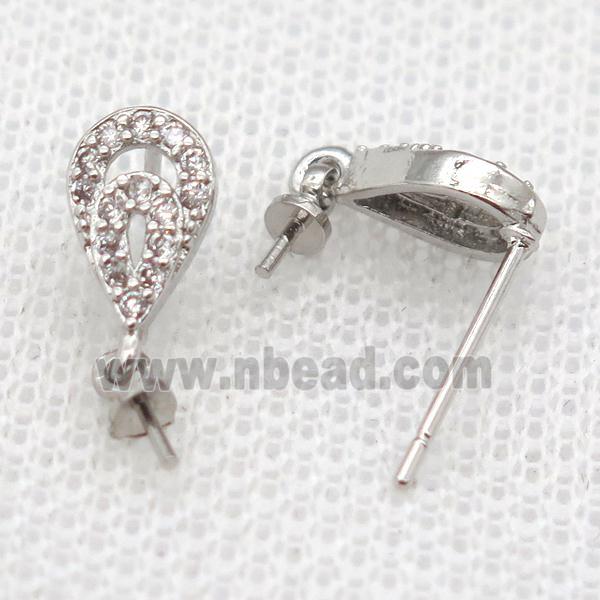 copper Stud Earrings paved zircon, teardrop, platinum plated