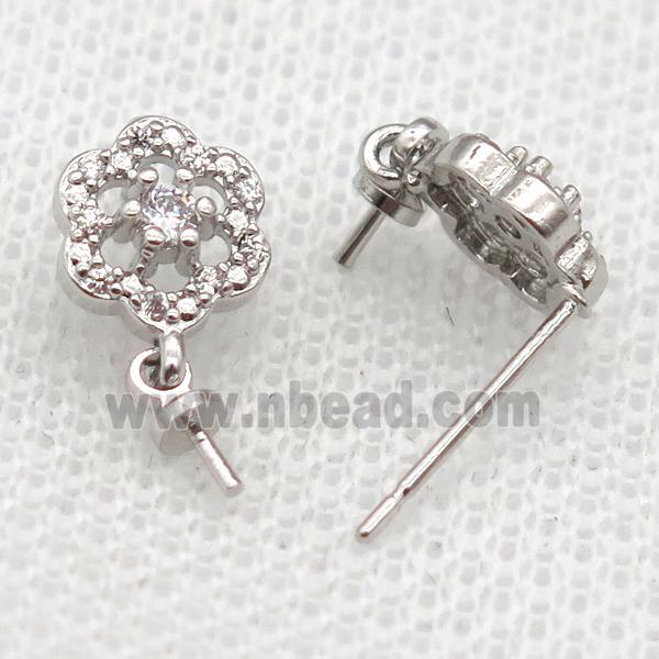 copper Stud Earrings paved zircon, flower, platinium plated